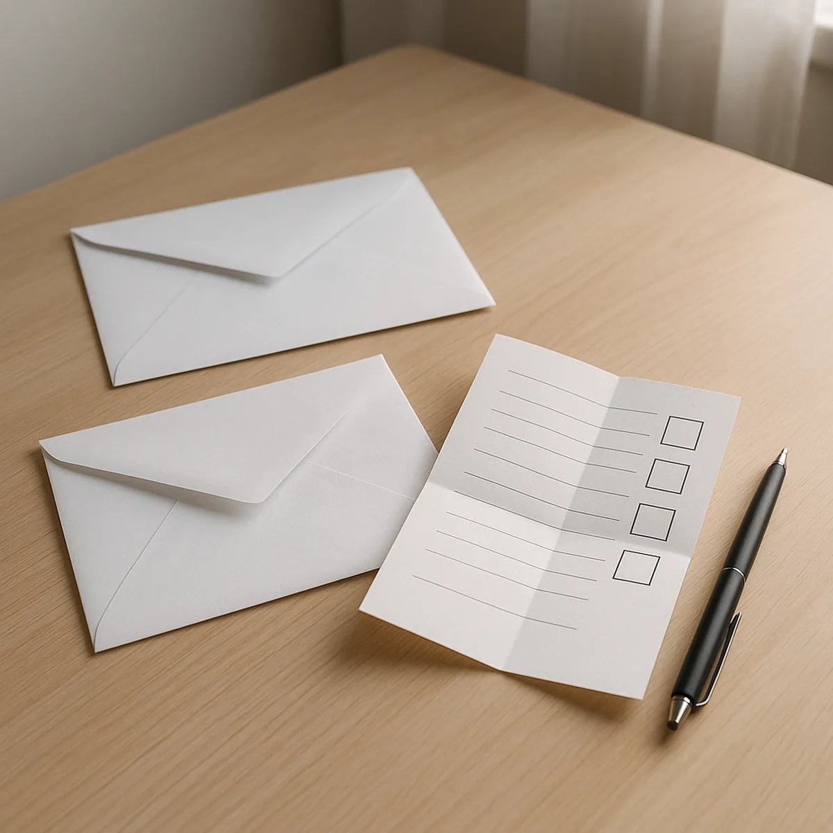Briefwahlunterlagen mit Umschlägen und Stift auf dem Tisch