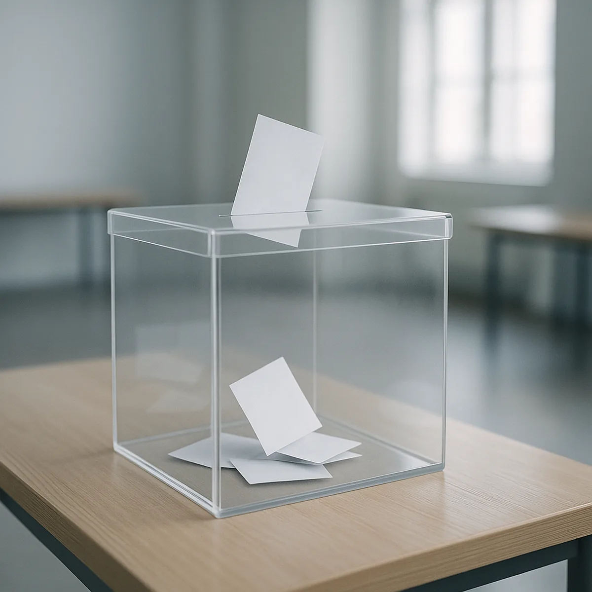Wahlurne mit gefalteten Stimmzetteln